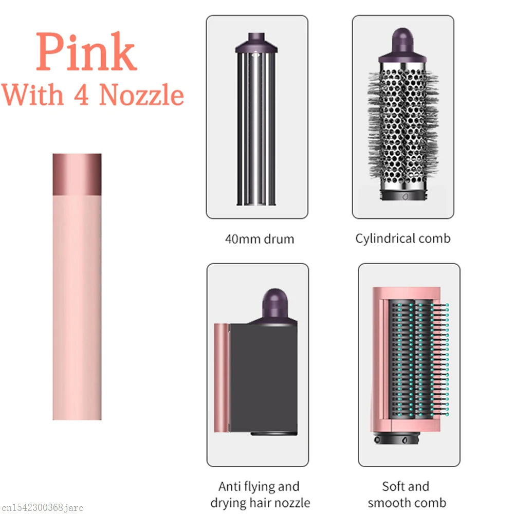 Pink SenCiciMen X9 hair styler set with 4 attachments, 40mm curling barrel, dryer nozzle, and professional combs.