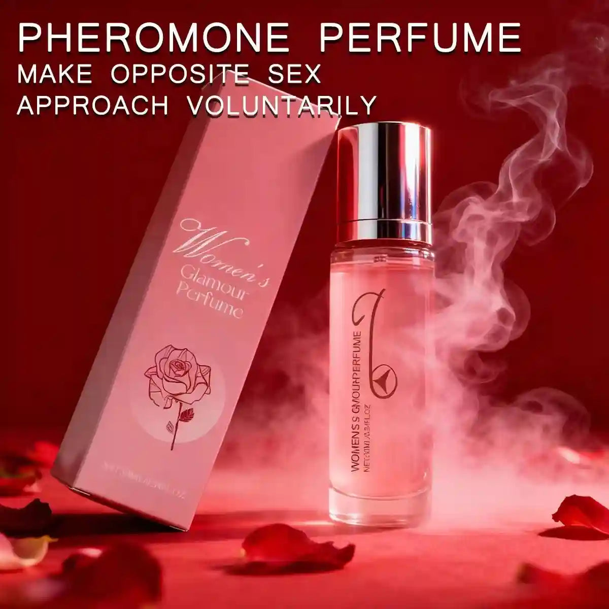 Pink Women's Glamour pheromone perfume glass bottle and box, featuring rose graphics, on a red background with smoke.