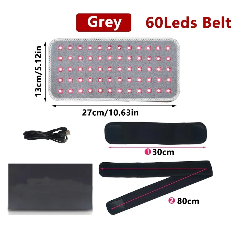 Grey 60-LED red light therapy belt with 660nm and 850nm infrared pads for pain relief, weight loss, and joint support.