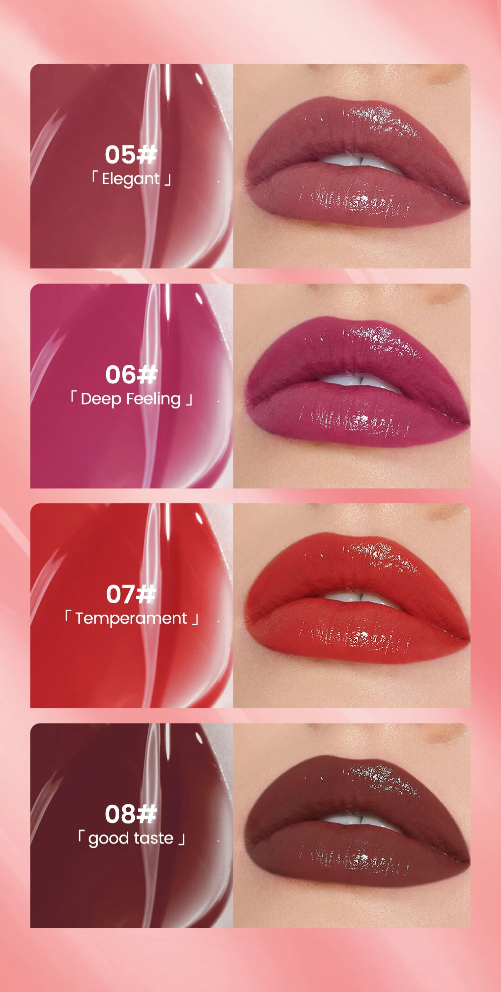 QIBEST watery mirror lip glaze swatches: long-lasting, moisturizing, waterproof liquid lipstick in 4 pigmented shades.