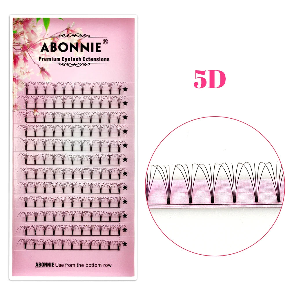 Abonnie 5D premade volume eyelash extension tray in pink packaging with short-stem black synthetic mink lashes.