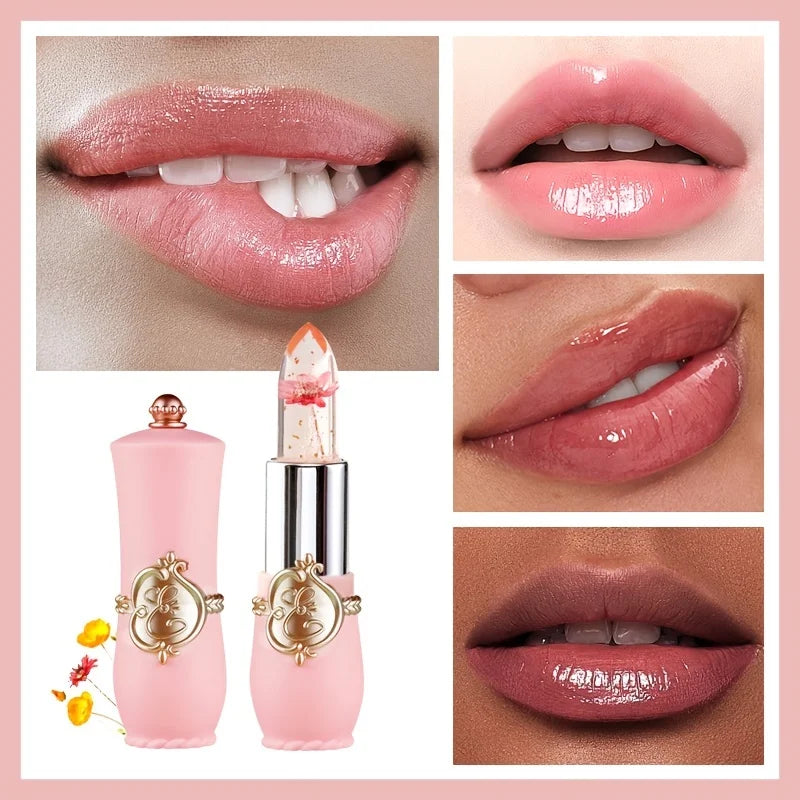 Crystal flower jelly lipstick with moisturizing balm, gold flakes, and color-changing tint on glossy, hydrated lips.