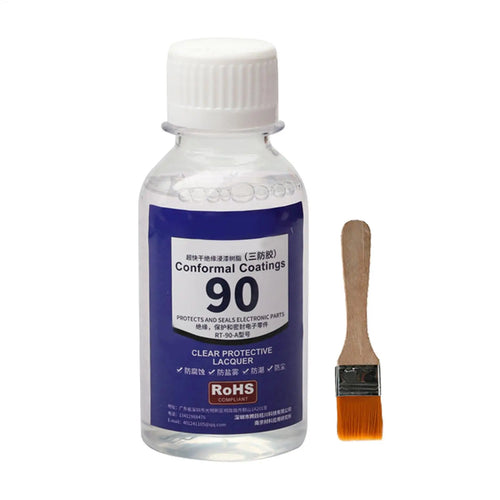 Tidesmit clear liquid conformal coating in a 100ml plastic bottle with a white cap and a small applicator brush.