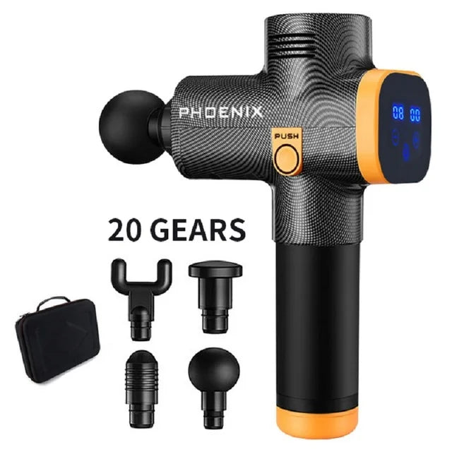Black and orange handheld percussion massage gun with digital display, four interchangeable heads, and storage case.
