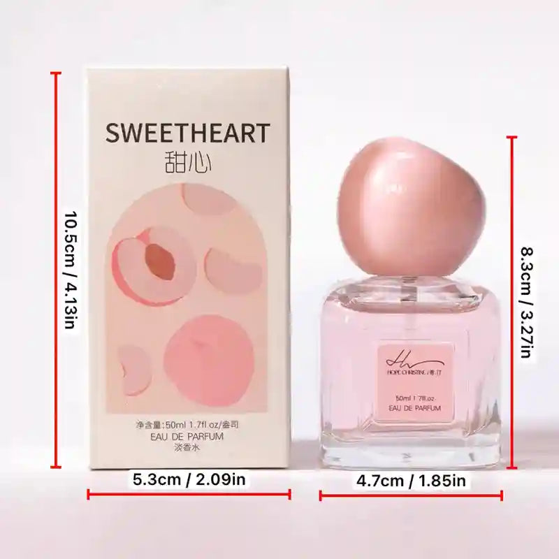 Sweetheart 50ml eau de parfum in a square glass bottle with a round pink cap, next to its illustrated peach box.