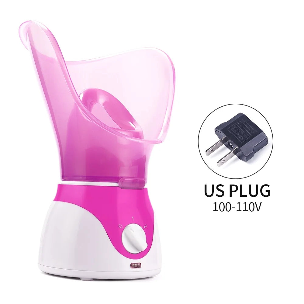 Pink and white facial steamer for home spa pore cleaning and skin moisturizing with US plug power adapter.