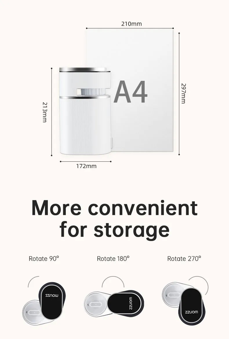 Compact white ZZUOM coffee maker with rotating design for space-saving storage, 213mm height shown against A4 paper.