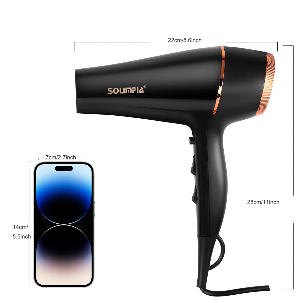 Black professional salon hair dryer with rose gold trim, 6-level settings, and dimension scale for size reference.