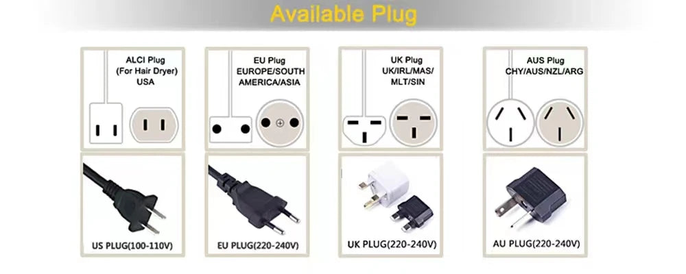Universal plug adapters for 2in1 hair dryer and straightener: US, EU, UK, and AU options for global compatibility.