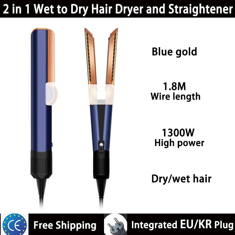 Blue and gold 2-in-1 hair dryer and straightener flat iron for wet or dry hair styling with 1300W power.