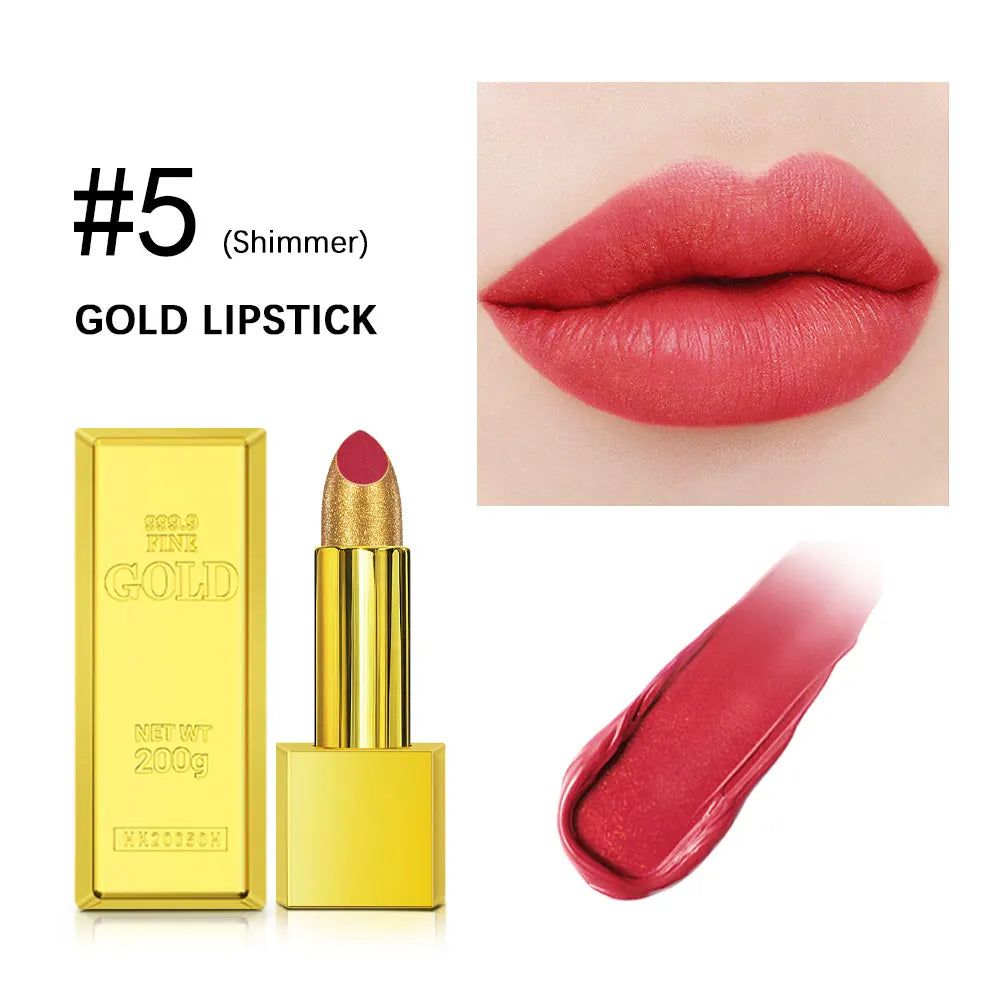 Long-lasting #5 shimmer gold lipstick in a gold brick tube with a vibrant red, glittery-textured lip makeup swatch.
