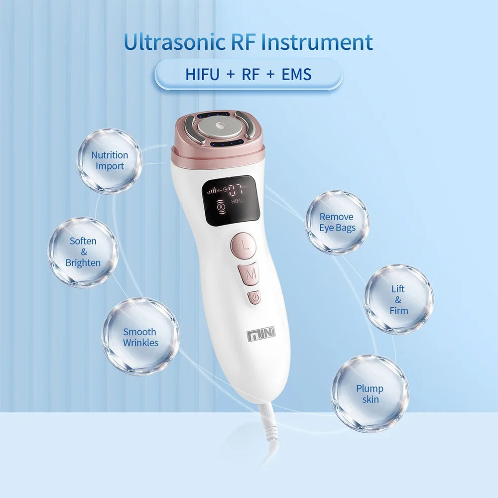 White and rose gold handheld ultrasonic RF facial device with a digital display and control buttons for skin treatment.