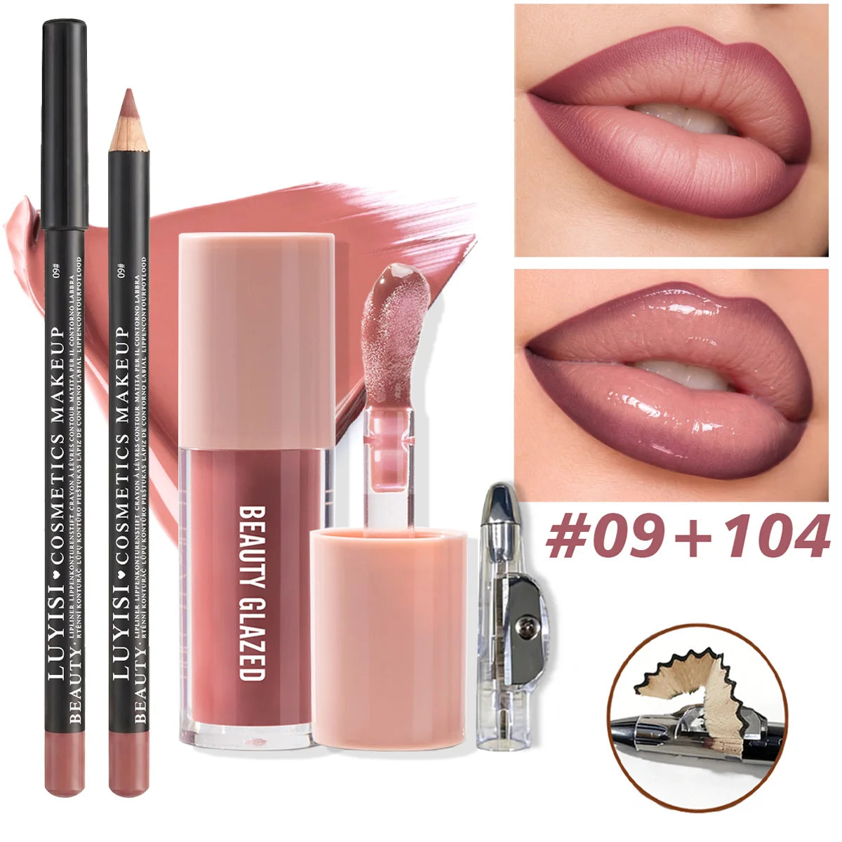 3pc mauve lip makeup set: two blendable matte lip liners, moisturizing glossy liquid lipstick, and a pencil sharpener.