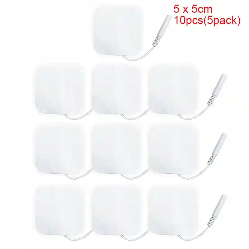 Ten 5x5cm square white TENS unit electrode pads with pigtail connectors.