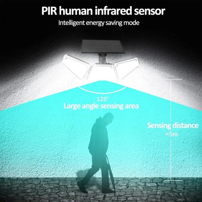 Solar PIR motion sensor light with adjustable wide detection area diagram on screen