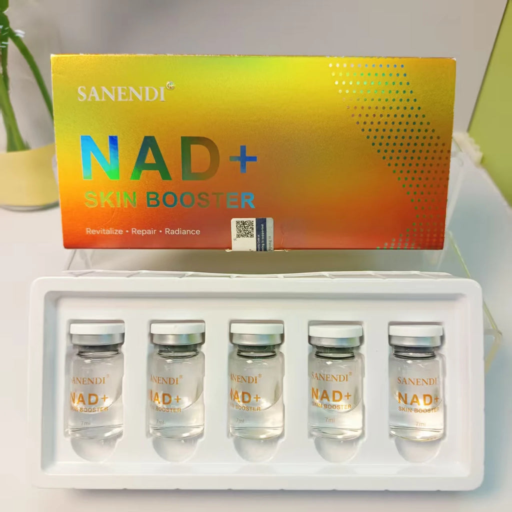 Sanendi NAD+ Complex Essence set: 5x7ml vials for skin brightening and anti-aging repair in a holographic gift box.