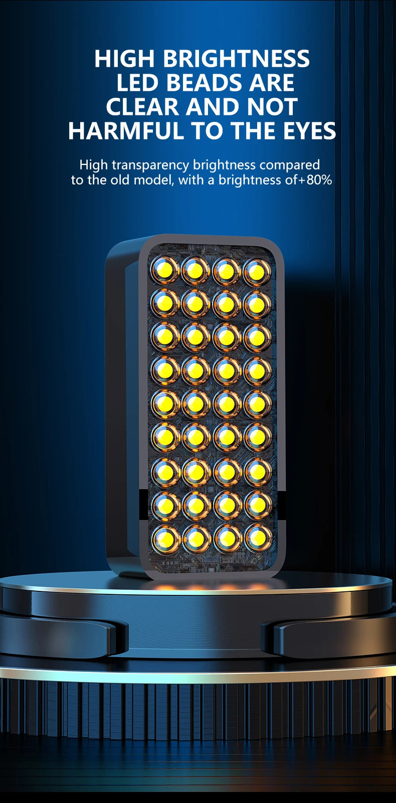 Rectangular LED light panel with 32 bright yellow bulbs arranged in a grid, used for high-intensity illumination.