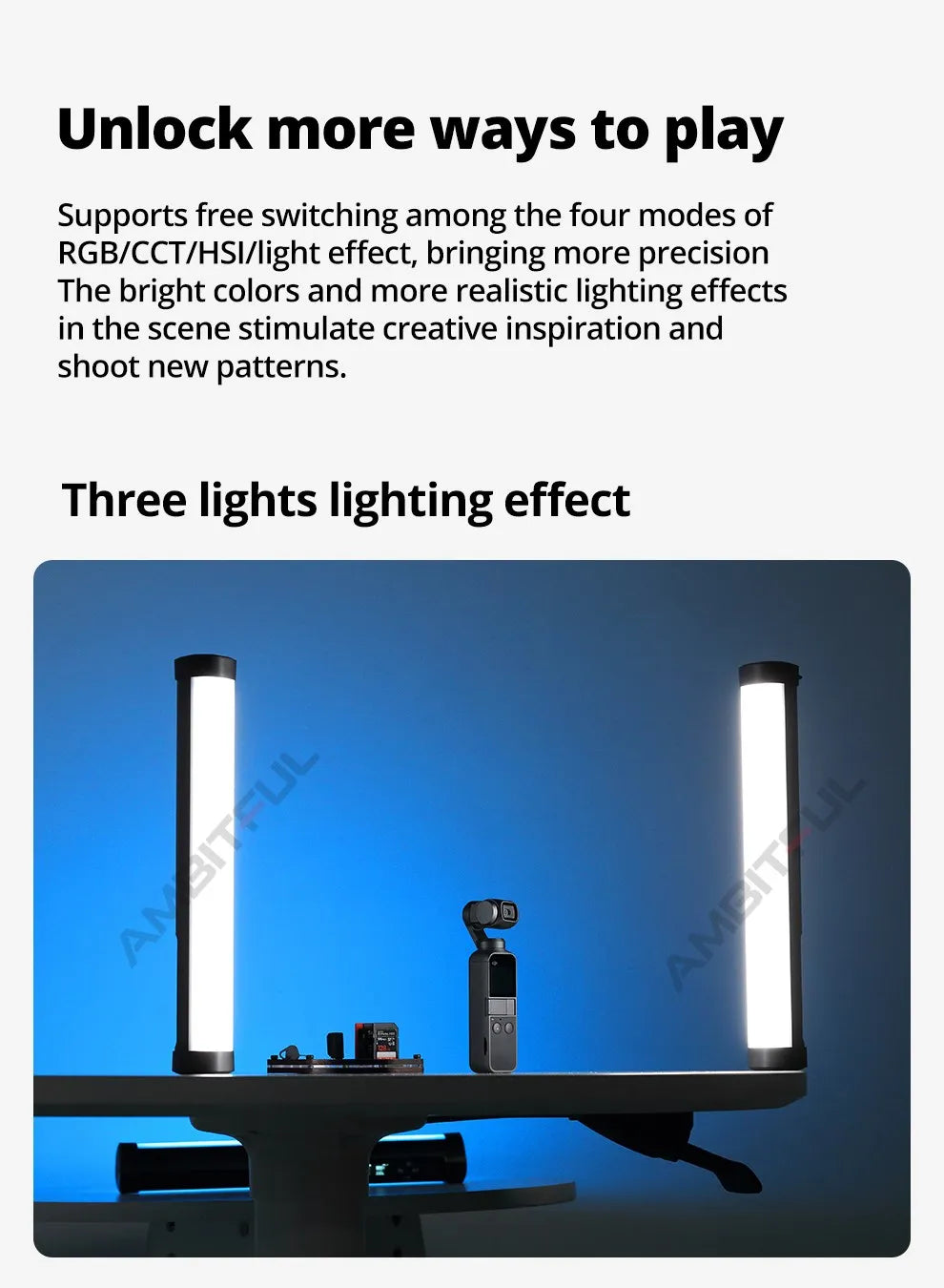 Two vertical black LED light tubes illuminating a handheld gimbal camera on a table against a blue background.