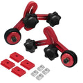 Woodworking stock guide set, red roller bearings, black knobs, and included mounting parts
