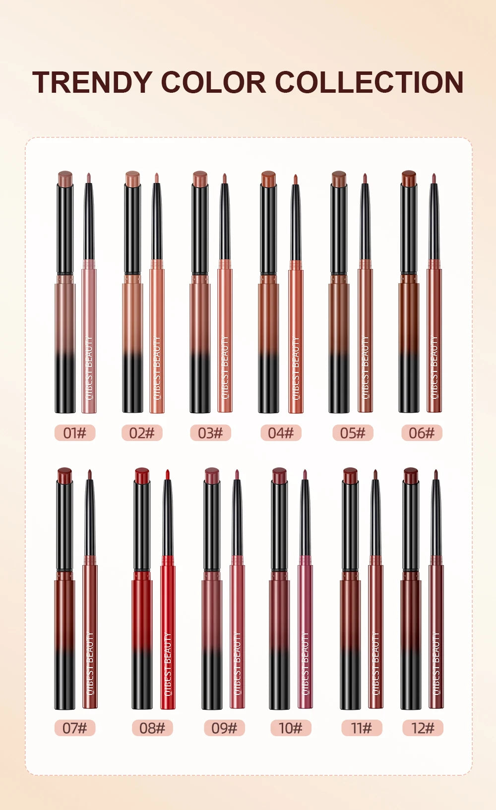 QIBEST matte nude lipstick and lip liner pencil set in 12 assorted waterproof, long-lasting shades.