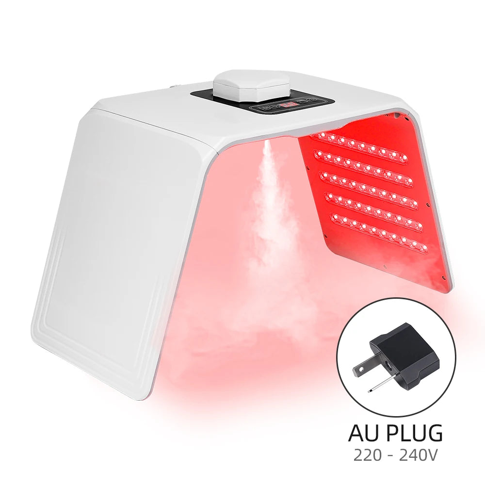 White arched LED light therapy machine with a built-in mister and red light panel. Includes an Australian power plug.