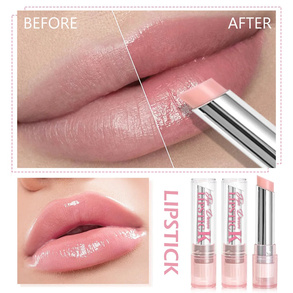 Pink magic color-changing lip balm providing a glossy, hydrating finish for a natural pink daily makeup look.