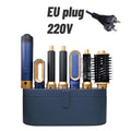 6-in-1 navy and gold multi-styler hair dryer set with curling barrels and hot air brushes and EU plug, in storage box.