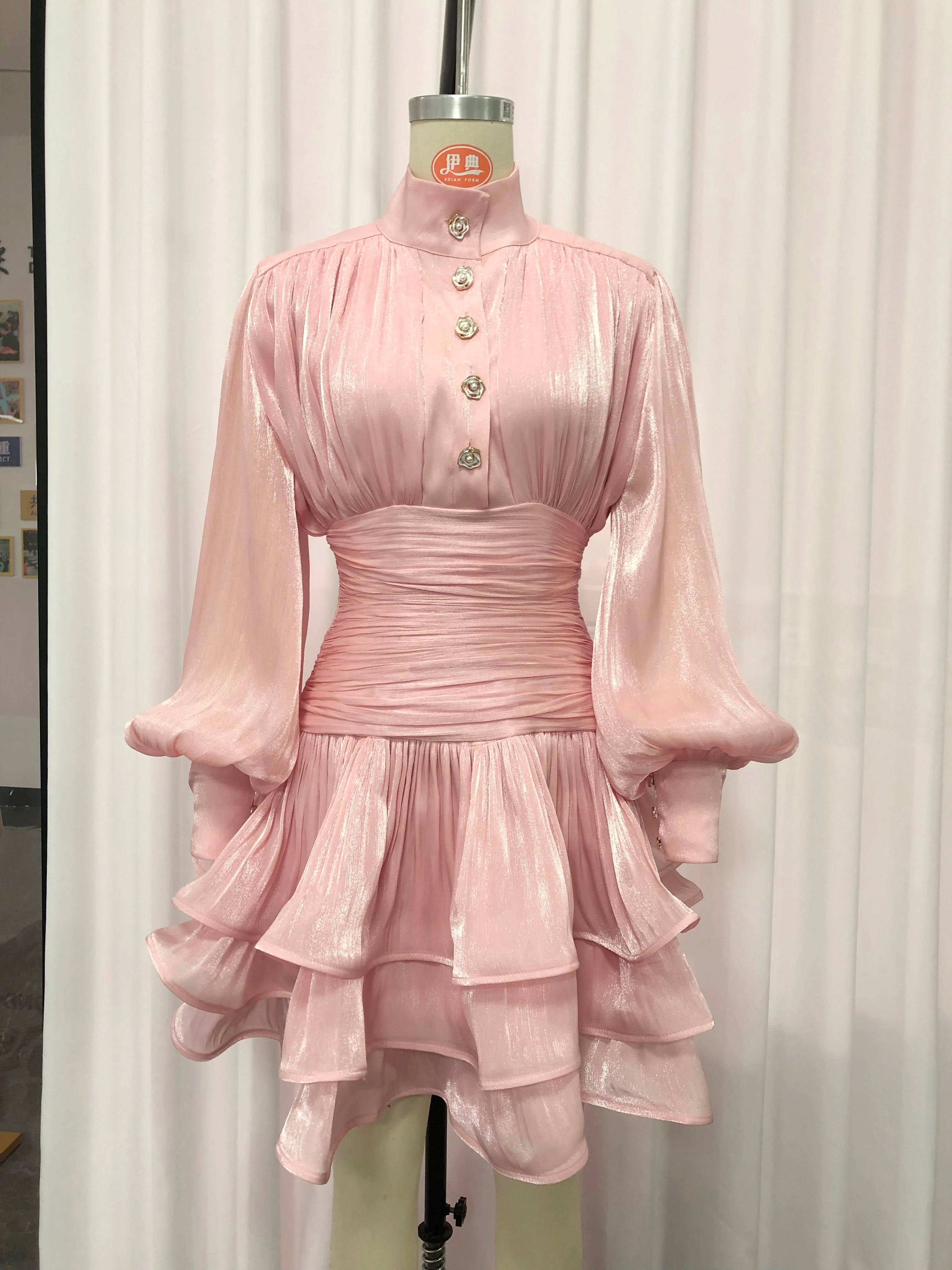 VGH Beach Style Solid Casual Short Dresses For Women Stand Collar Long Sleeve High Waist Spliced Button Chic Dress Female New