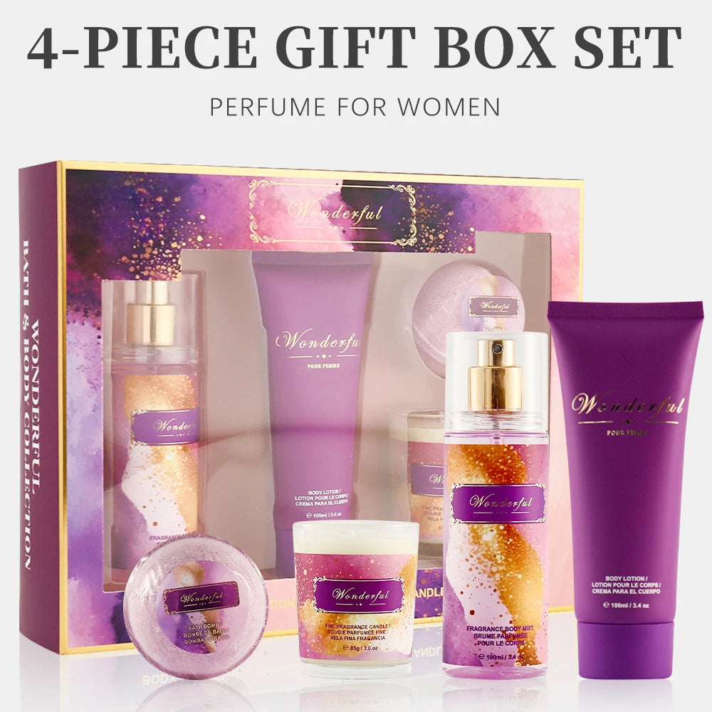 Wonderful 4-piece women’s fragrance gift set: body mist, lotion, candle, and bath bomb in purple packaging.
