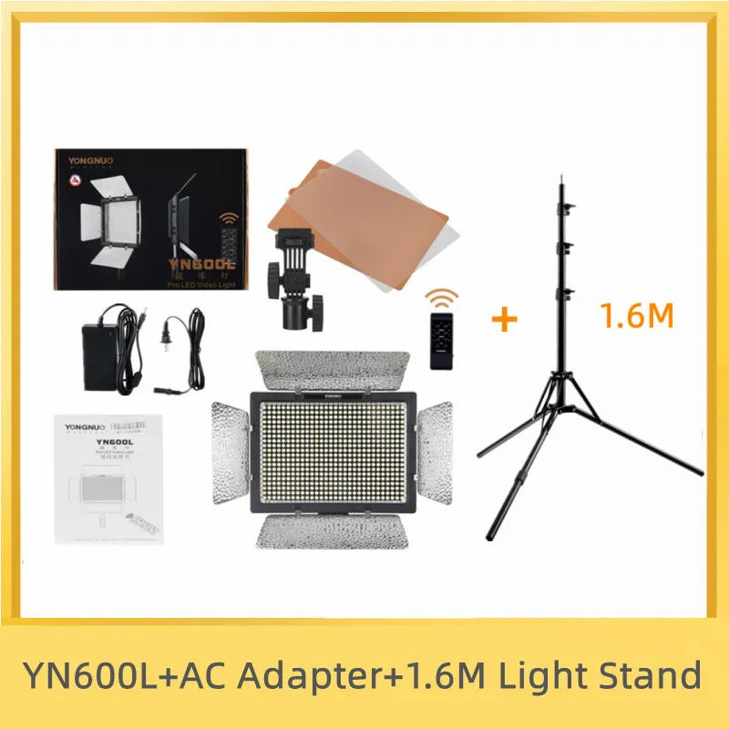 YN600L LED video light with adjustable barn doors, AC adapter, remote, filters, and a 1.6m collapsible light stand.
