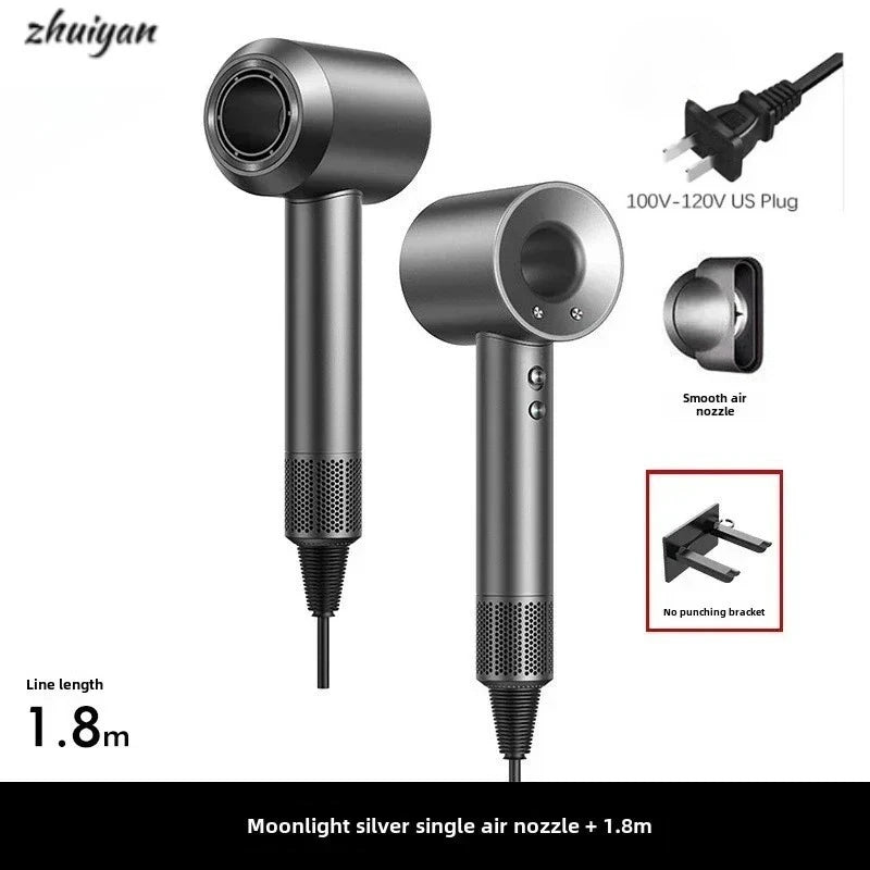 Silver professional leafless hair dryer with air nozzle, wall-mounted bracket, and 1.8m cord for salon-quality results.