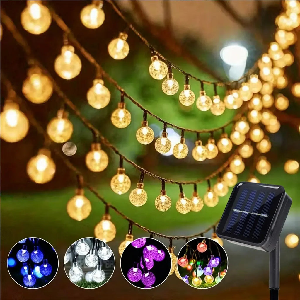 Solar bubble ball string lights showing warm, white, and colored bulb glow plus solar panel