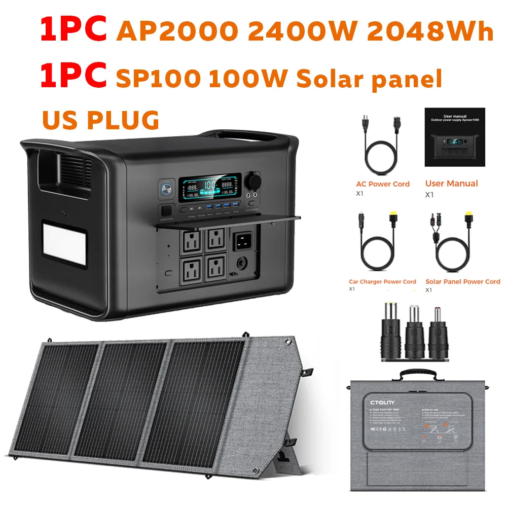 CTOLITY Outdoor Camping AP2000 2400W Fast Charging Portable Power Station SP100 100W Foldable Portable Solar Panel For Home