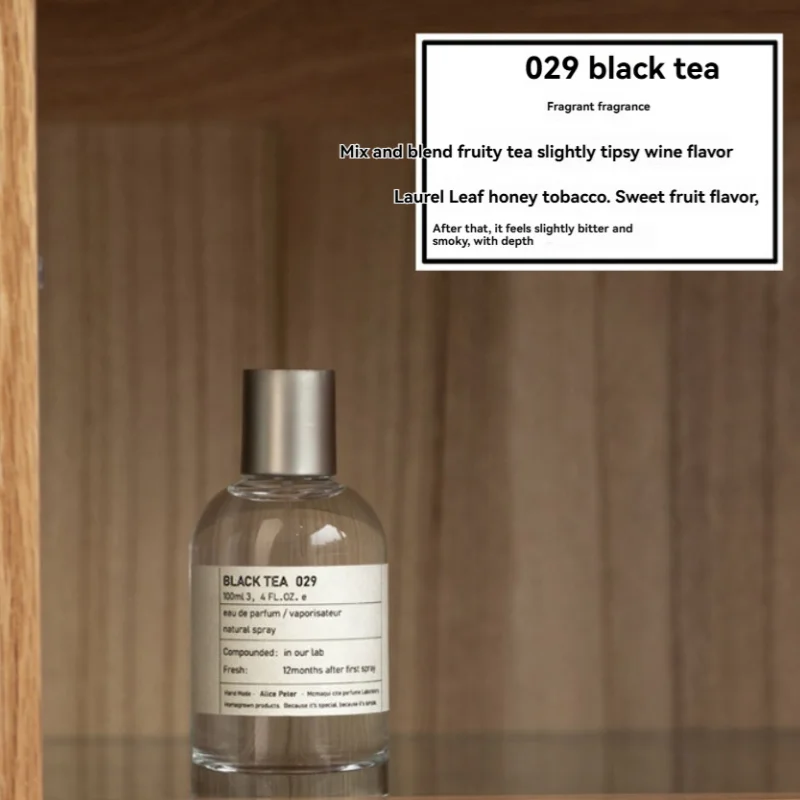 029 Black Tea unisex EDP: 100ml round glass bottle, fresh fruity, honey, tobacco, and sandalwood fragrance notes.