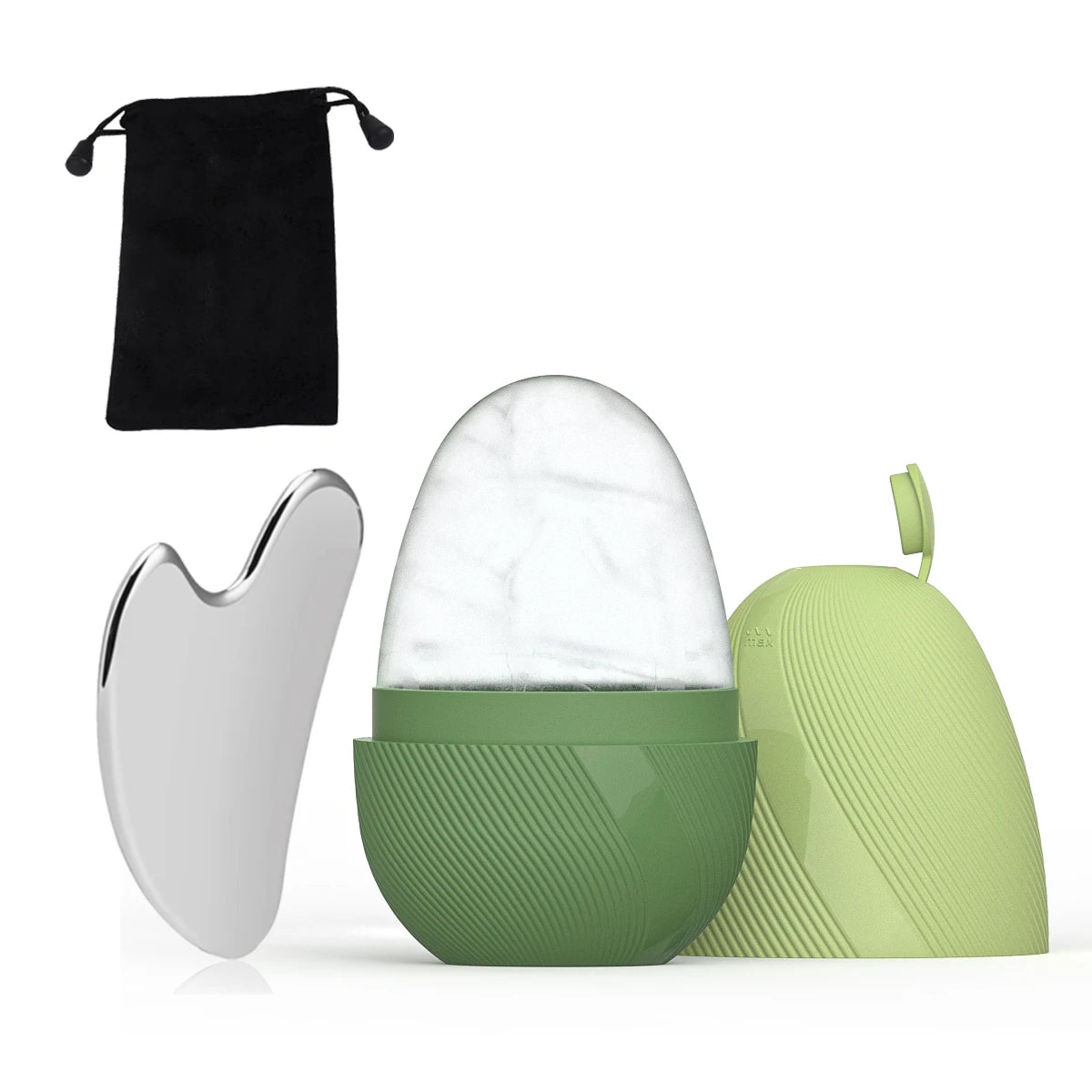 Green silicone ice face roller, silver stainless steel gua sha tool, and a black drawstring storage pouch.