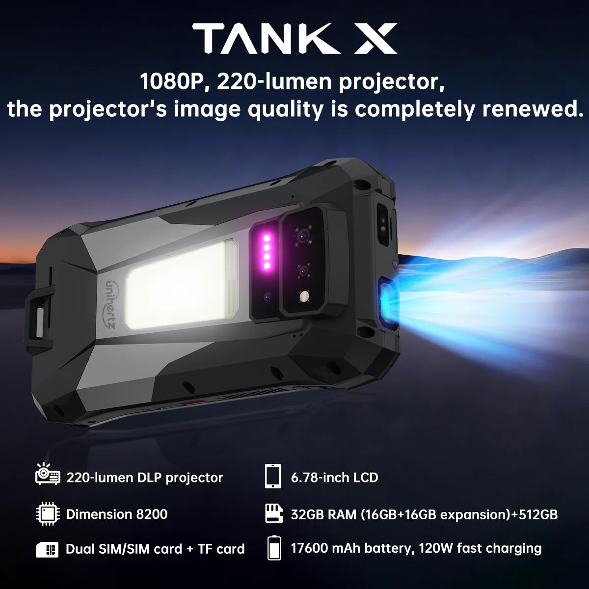 Unihertz TANK X 8849 5G Smartphone 32+512GB Built-in 1080P 220 lumen Projector 50MP+64MP Camara Android 15 17600mah Battery NFC