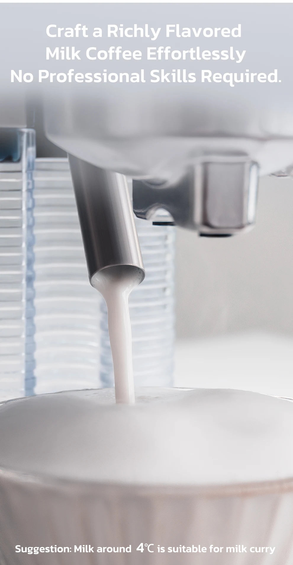 Stainless steel espresso machine steam wand frothing milk into a cup for creamy coffee drinks.