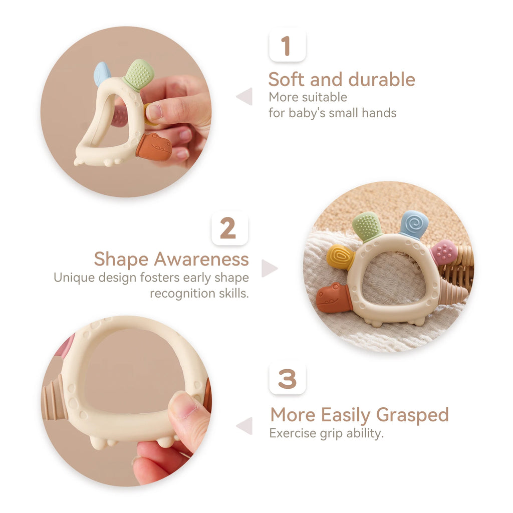 Baby Silicone Teether Toys,Perfect for Teething Toys 0-3-6 Months and Shower Gifts, BPA-Free, Ergonomic Dinosaur Wood Design.