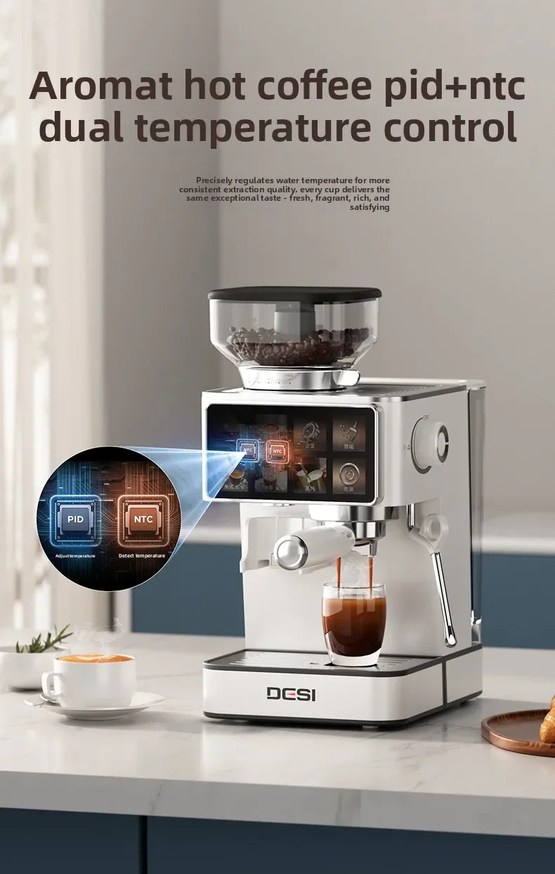 DCSI white espresso machine with integrated grinder, PID and NTC dual temperature control, and digital touchscreen.