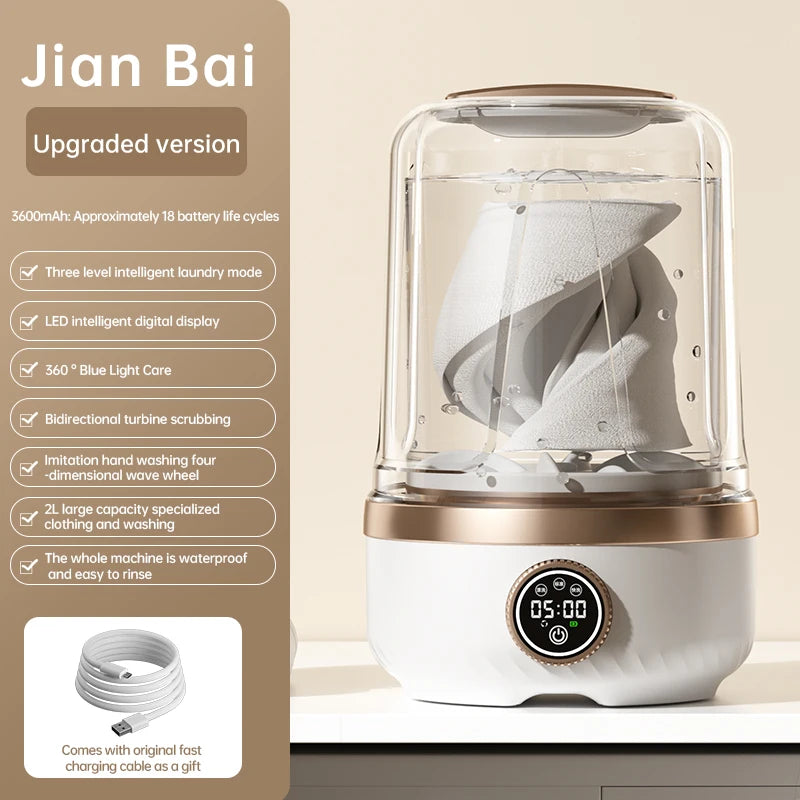 Off-white portable shoe washing machine with clear lid and front control display