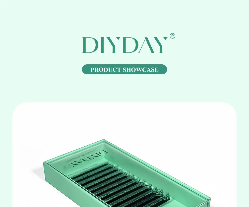 DIYDAY U-shaped faux mink eyelash extension tray with black premade fans in a branded mint green case.