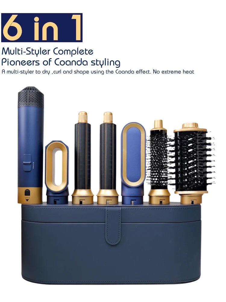 Blue and gold 6-in-1 hair styler set with curling barrels and brushes for professional blowouts and heat styling.