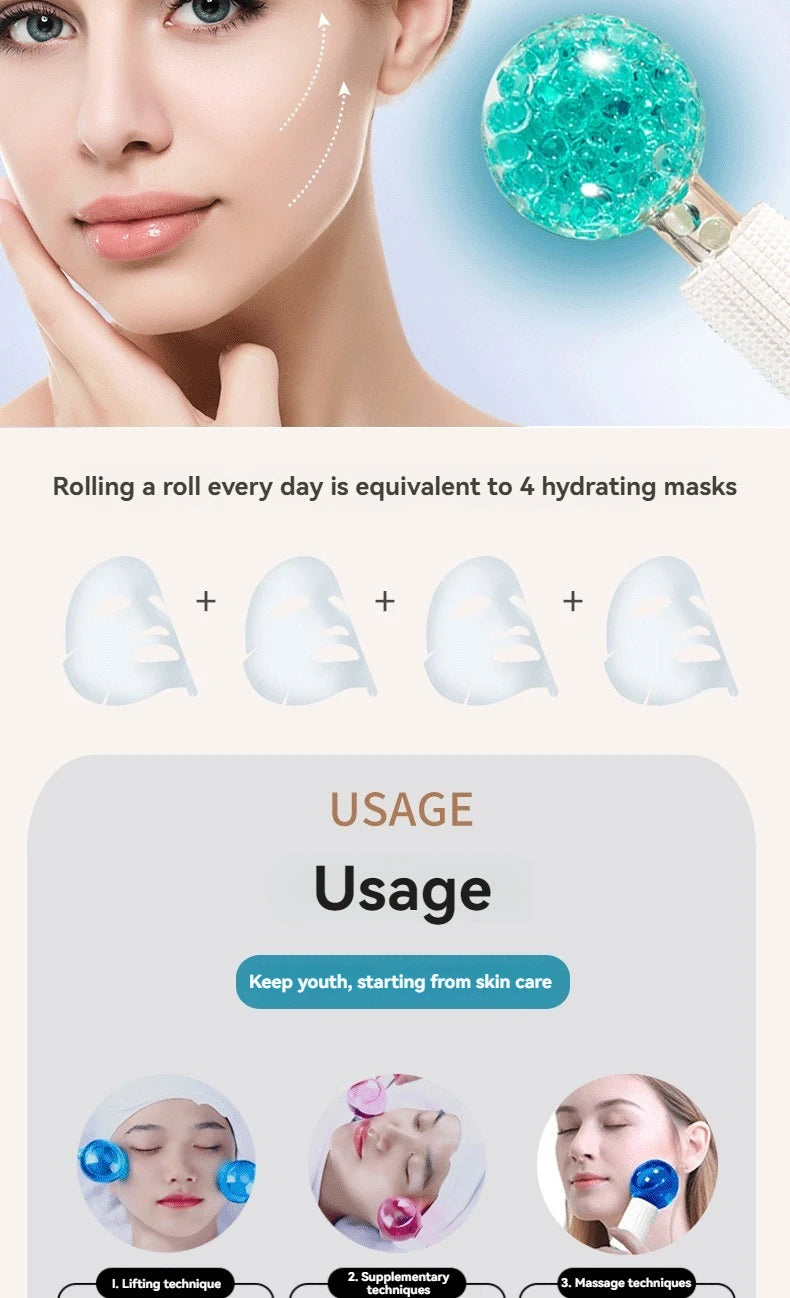 Two turquoise, spherical cooling facial massage globes with white grips, shown in use on a woman's face.