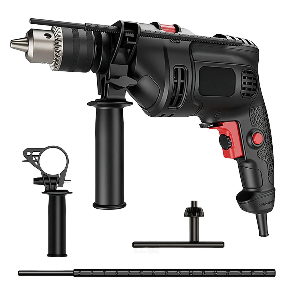 Electric screwdriver drill kit with side handle, drill chuck, and included accessories