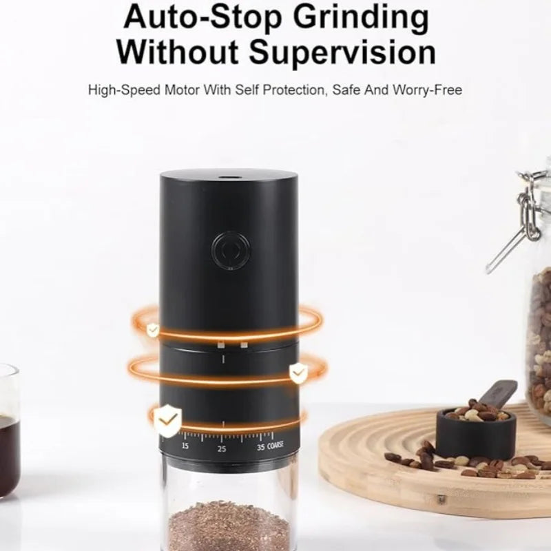 Black portable electric coffee grinder with adjustable coarse settings and a clear container on a white background.