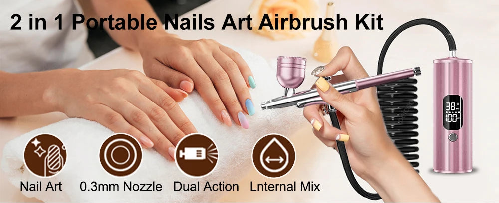 Portable pink cordless airbrush kit for nail art painting, featuring a 0.3mm nozzle and dual-action compressor unit.