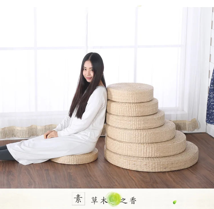 Round Woven Rush Cushion Meditation Zafu Yoga Mat for Floor Tatami Kneeling Tea Ceremony Zen Window Seat