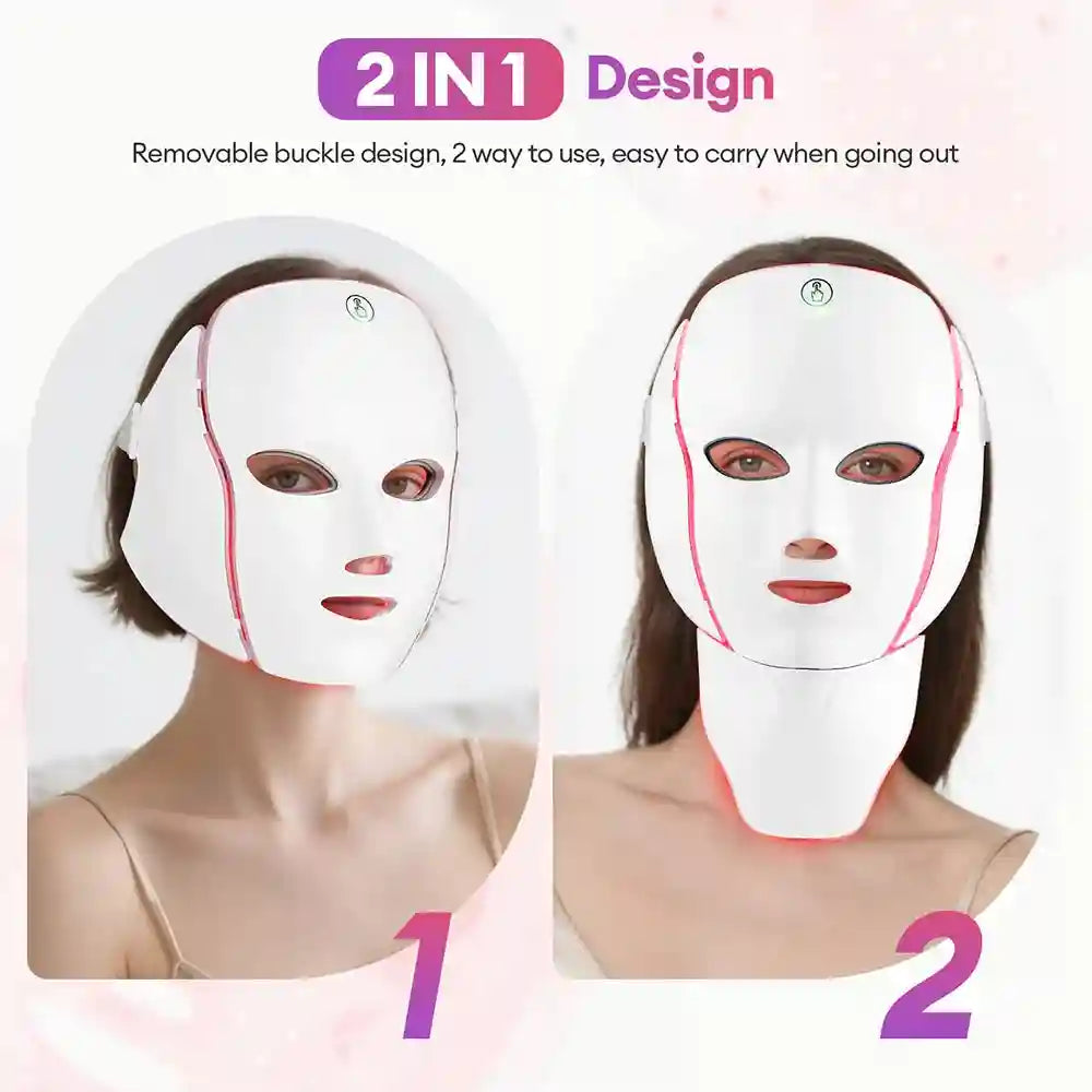 7 Color LED Facial Mask with Neck Light for Skin Rejuvenation Therapy Massage Cushion Tidesmit