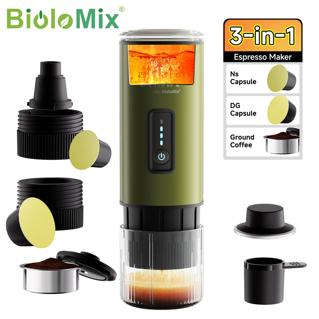 Biolomix 3-in-1 portable espresso maker, olive green, compatible with Nespresso, Dolce Gusto capsules and grounds.