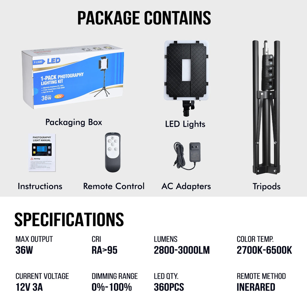 Photography lighting kit with box, square LED panel, tripod, remote control, and AC adapter with technical specs listed.